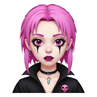 girl, pale black vampire, pink hair, very long, shaggy, dark, spooky,double eyebrow dermal piercing, creepy expression sticker