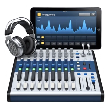 Create a professional and technical emoji that represents sound engineering. The design should feature a sound mixing console with faders, a pair of studio headphones, and audio waveforms to symbolize the precision and technicality of sound mixing and mastering. Include elements like a microphone or audio cables to reflect the recording aspect. Use colors like silver, black, and dark blue to represent the technical, yet artistic side of sound engineering. The background should be transparent. sticker