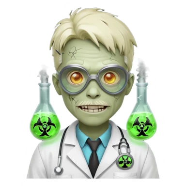 radioactive zombie scientist portrait, head and shoulders only, glowing toxic veins, cracked goggles, lab coat with radiation badge, sinister smile, 3D cartoon, mobile game icon style, clean background, no text, no watermark
 sticker