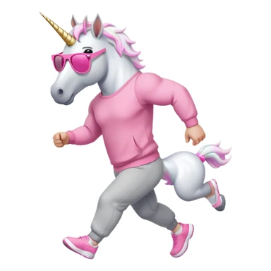 friendly anthropomorphised male white unicorn with a fit, chunky, muscular and strong physique, white arms and legs, wearing grey tracksuit pants and pink jumper, sunglasses, walking quickly sticker