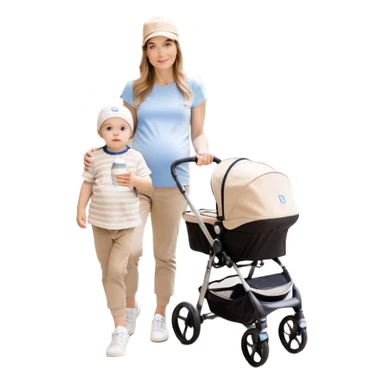 A mom with a brown stroller, a coffee cup attached to it. Inside, a 6-month-old baby boy with light brown hair and blue eyes. The mom is wearing a beige T-shirt and a matching beige cap. The baby is dressed in white sneakers, a white and blue striped T-shirt, and jeans sticker