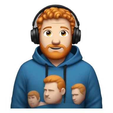 A vary fat ginger haired  guy with black headphones and a blue hoodie sticker