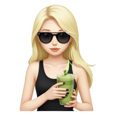 Blonde girl with pale skin and long hair with black sunglasses in black tank top and matcha latte sticker