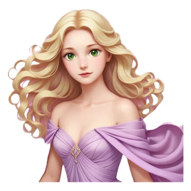 Cinematic Realistic Rapunzel Portrait, with porcelain-like skin featuring a subtle, natural glow, illuminated by soft lighting that brings out the gentle contours of her face. Her long, golden blonde hair cascades in detailed waves, each strand highlighted with a radiant shimmer as it catches the light. She playfully holds a flower in one hand, her other hand resting casually in her lap, with a warm and spirited expression. Her bright, expressive green eyes exude curiosity and warmth, framed by delicate lashes and soft, arched brows. She is dressed in her classic lavender and pink gown, the fabric textured with delicate folds that flow naturally, catching the light with a soft, radiant glow. The portrait captures a luminous, enchanting aura, seamlessly blending realism with a whimsical, fairytale charm, evoking a timeless sense of beauty and magic. sticker