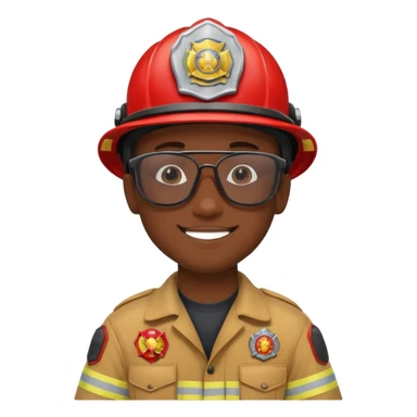 Young, male, dark skin, wearing sunglasses, firefighter uniform, happy sticker
