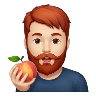 Dark haired Man with red beard licking peach sticker