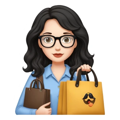 A white girl with black wavy long hair, wearing Wearing glasses and Crossing a tote bag sticker