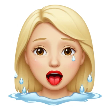 blonde having crying emoji tears (water-emoji) from hard laughter. really happy in general, happy eyes and open mouth. red lipstick sticker
