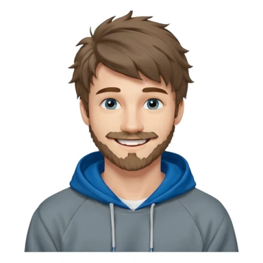 20 year old man, short scruffy beard and thin moustache, brown puffy mullet, blue eyes, big smile, white teeth, big lips, pronounced jaw, hair longer in back, sticking up on top, thin face, grey hooded sweatshirt, pale skin, big smile, blue eyes, puffy hair that is long in back sticker