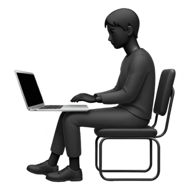 Minimalistic flat vector icon, iOS style, thin black contour on white background. Person silhouette sitting with a laptop, code brackets <> on the screen. Clean, no te sticker