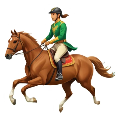 An icon showcasing a majestic horse and rider in full gallop across a lush green field. The background features a clear sky, distant mountains, and a vibrant landscape. The rider wears traditional gear, while the horse leaps with grace and power. Transparent background sticker