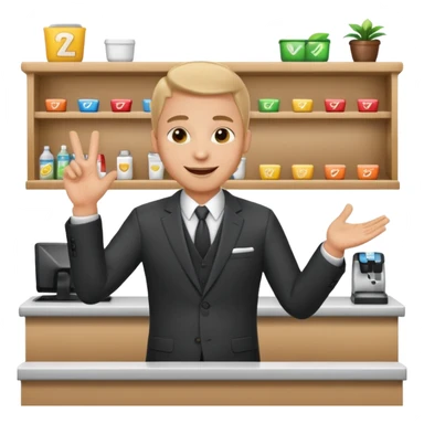 friendly salesman at a counter gesturing to a product sticker
