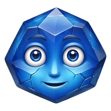 A single sapphire-blue faceted rock head, chunky and worn, with a few visible cracks and chipped facets but still shiny, big kind eyes and a confident smile, 3 sticker