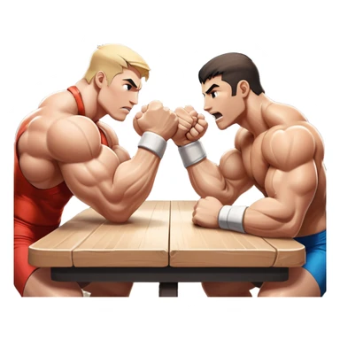 Two strong competitors locked in an intense arm wrestling match, muscles tensed as they battle for victory. The table is well-lit, showcasing their focused expressions and powerful arm grips. The background features a competitive arena with a cheering crowd. Transparent background. sticker