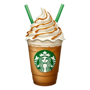 A 3D cartoon Starbucks Frappuccino cup with whipped cream and caramel drizzle, frosty texture, green straw, transparent cup with logo, soft cool lighting, Memoji-style. sticker