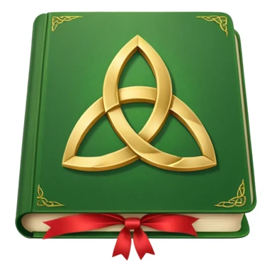 a green closed book with a golden triquetra on it with a red ribbon between the paged sticker