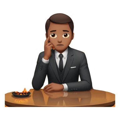 apple style emoji of a man sitting at a table, looking sad, house on fire behind sticker