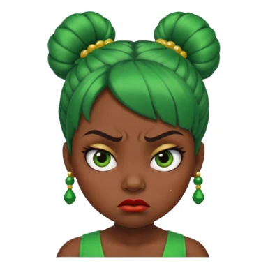 Create a 3D cartoon-style girl character with dark skin, round face, angry expression, big wide eyes, and tightly styled double buns made of green beaded hair. The girl should look irritated, eyebrows sharply angled, and lips pressed in a frown. sticker