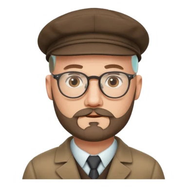 40's white male, bald with short full beard (salt and pepper color brown) with professor glasses and flat cap sticker