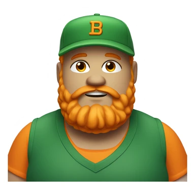 fat man with orange hair and large beard. Green baseball cap and confident. smug expression with a slight smirk and half-closed eyes. sticker