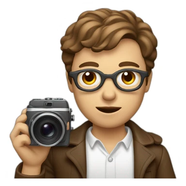 European film director with brown piled short hair holding a cinema camera sticker