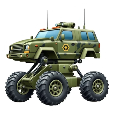 a 4-wheel camouflage army massive mech trail vehicle shooting forward side-hill actively suspended pod enemy mech off-road racing rover with large fast engine  sticker