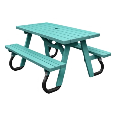 rectangular picnic table with benches, soft teal color, straight vertical legs, wheels underneath, flat wood-style silhouette, clean geometry, minimal shading, theatrical prop sticker