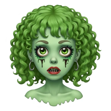 green zombie woman with curly hair, bangs, and a septum piercing. like iPhone emoji sticker