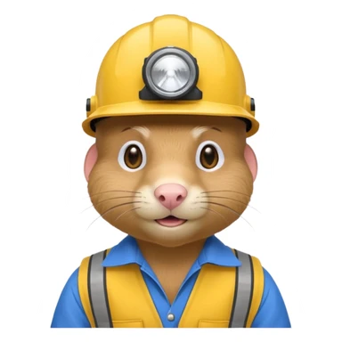 a mole rat, blue helmet, headlamp, yellow worker cloth sticker