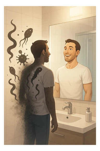 a man stands in a brightly lit bathroom, looking relieved and revitalized as he examines his reflection in the mirror. In the foreground, stylized, shadowy images of parasites (such as worms or protozoa) are shown leaving his body, dissolving into mist or fading away. His posture is upright and his expression is one of newfound energy and health. sticker
