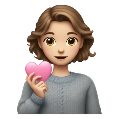 A girl with brown hair and blue eyes in a gray sweater holds a pink heart in her hands sticker