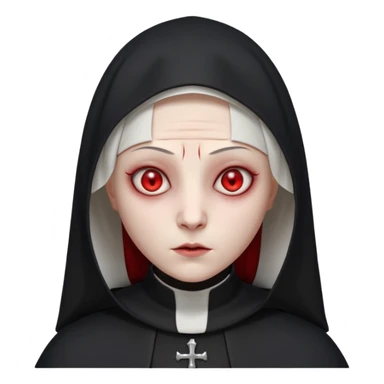 cursed village nun portrait, head and shoulders only, dark hood, mysterious expression, red accents, eerie glow, 3D cartoon, mobile game icon style, clean background, no text, no watermark

 sticker