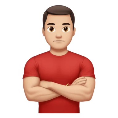 apple stylized emoji of a strong man, his arms crossed, white bg, he's in a red tee shirt sticker