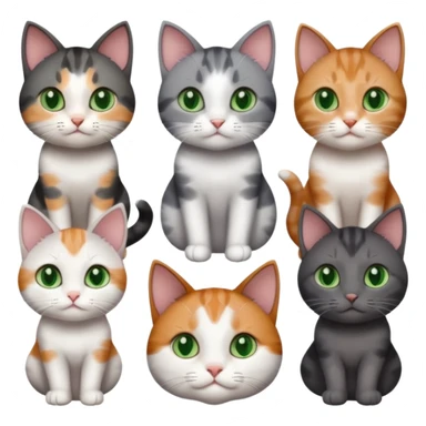 6 different coloured small cats including a dark grey and white, and a patchy calico, and a brown tabby and white,  and a completely solid dark grey with green eyes and only white paws sticker