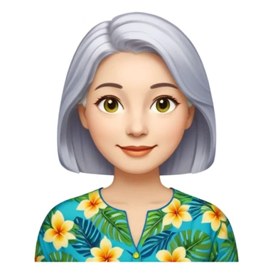 A woman with light complexion, an oval face with soft rounded features, full cheeks, gentle almond-shaped eyes with subtle smile lines, silver-gray hair parted to the side and styled loosely, wearing a vibrant tropical print blouse in blue, green, and yellow, exuding warmth and joy. sticker