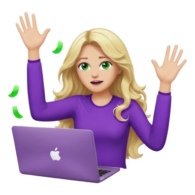 lady with long wavy blonde hair, purple top, green eyes, throwing her with a purple mac laptop hands in the air crying sticker