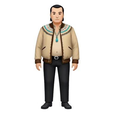 unhealthy steven segal standing render-entire-body balding with ponytail. pot belly.  visible-legs native american style jacket-with-tassles black pants big belly sticker
