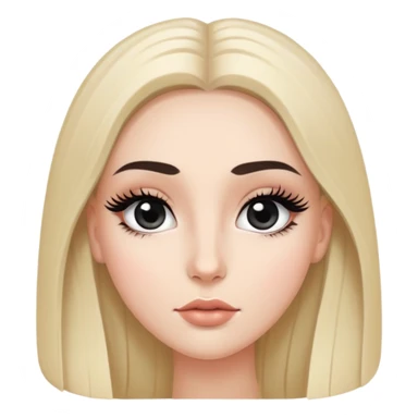 White girl with long oval face, huge round black eyes, big eyelashes, no makeup, natural lips, long straight black middle-parted hair sticker