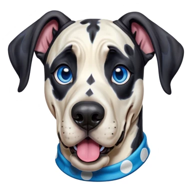 Cinematic Comical Harlequin Great Dane Portrait Emoji, Head tilted dramatically with an exaggeratedly shocked or amused expression, featuring a striking coat of predominantly white with vivid black patches, wide, expressive blue eyes filled with playful disbelief, Simplified yet hilariously expressive features, highly detailed, glowing with a slightly sassy glow, high shine, dramatic yet playful, stylized with an air of cheeky charm, bright and endearing, soft glowing outline, capturing the essence of a spirited and over-the-top guardian, so meme-worthy it feels like it could side-eye its way into internet fame instantly! sticker