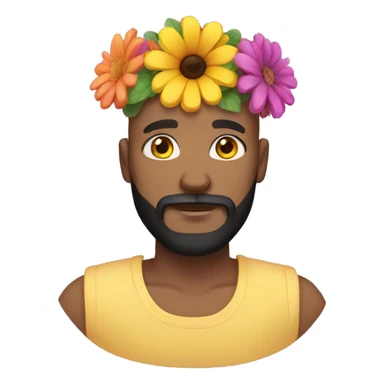bald man with black beard and brown eyes and yellow skin with a colorful flowercrown on his head sticker