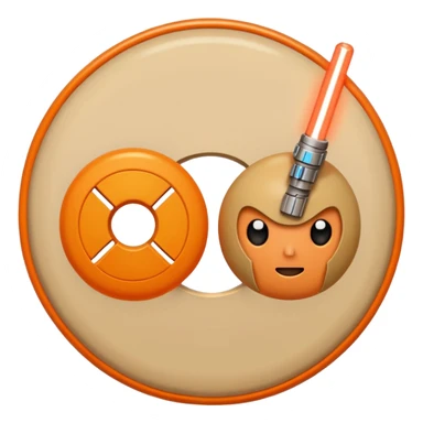 Two beige circles squished together , with a orange light saber  sticker