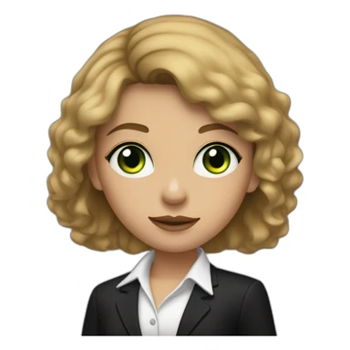 Vertaalresultaat A light skinned girl with a short brown lock of hair in front of her face with green eyes wearing a black suit and black shoes and black pants sticker