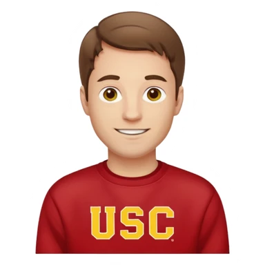 happy pale white man with brown hair in a red sweatshirt with USC in yellow letters sticker