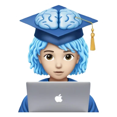 "A human figure (🧑) wearing a graduation cap (🎓), symbolizing learning, with a glowing blue brain (🧠) representing artificial intelligence. The person is sitting in front of a laptop (💻), deep in coding or AI research. Small circuit-like patterns or floating binary code (101010) surround the figure, indicating advanced digital skills. The expression on the face is focused and determined. No magical effects, just a clean and modern tech-inspired design. The background is plain white sticker