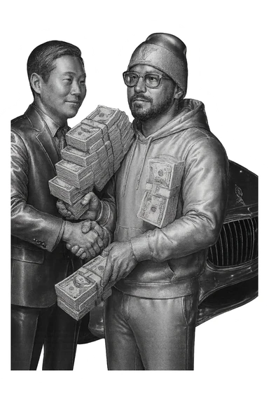 Add an Asian man shaking hands with the main person, both holding realistic money in their hands. Keep the Maybach car in the background. The main person has white skin tone, black goatee and facial hair, wearing a white hoodie, white sweats, white Louis Vuitton beanie, and Cartier glasses. Apply a chrome effect on everything except the money. Match the style and pose of the reference image. sticker