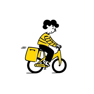 A courier on a yellow bicycle, wearing yellow and black clothes rides from left to right. On the back of the courier is a yellow food delivery bag sticker
