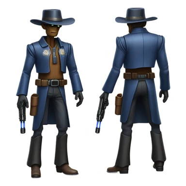 friendly frantic bounty hunter tarnished undercover tough well-equipped Jedi life-sized darkblue-pearl battle droid leather vest clothing pants and vest old west duster coat holding light saber sheriff holstered gun hat floating sticker