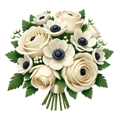 Cream and white bridal bouquet with white roses and anemone flowers, realistic, iOS 17 emoji style  sticker