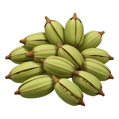small scatter of whole cardamom pods, oval ridged shape, pale green to light brown hues, slightly wrinkled dry surface, visible seams and pointed ends, aromatic spice seeds inside, apple emoji style, soft lighting, subtle shadows, transparent background, emoji scale sticker