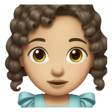 Baby with short, wavy, dark brown hair. Big blue eyes and beige bow in hair sticker